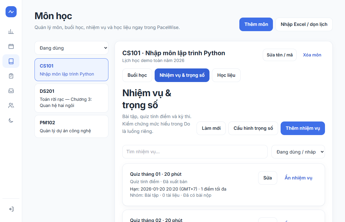 Giao diện giảng viên PaceWise quản lý môn, buổi học, nhiệm vụ và học liệu